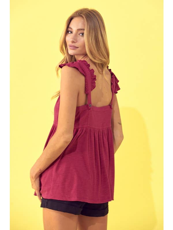 Off White Rib Knit Babydoll Top, Ruffled Strap, Button Back - 40075T for wholesale on Faire