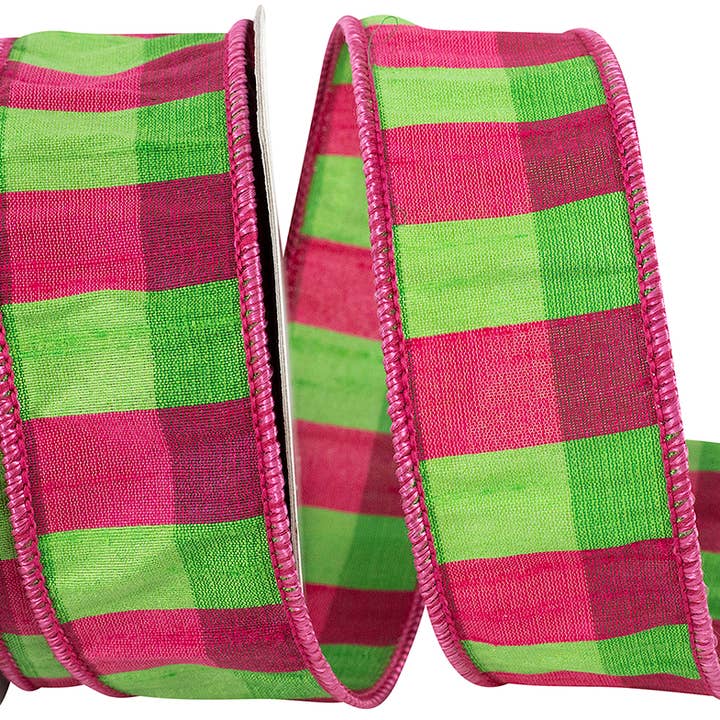 Dupioni Check Elizabeth Wired Edge, Fuchsia/lime, 1-1/2 In for wholesale by RELIANT RIBBON