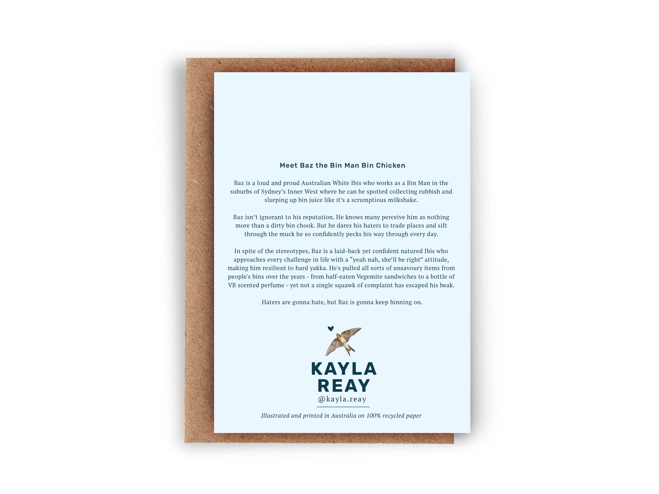 Kayla Reay Design - Vendita all'ingrosso Biglietti di auguri generici - Biglietto di Auguri Baz il Netturbino Pollo Spazzino - Arte Divertente con Animali1