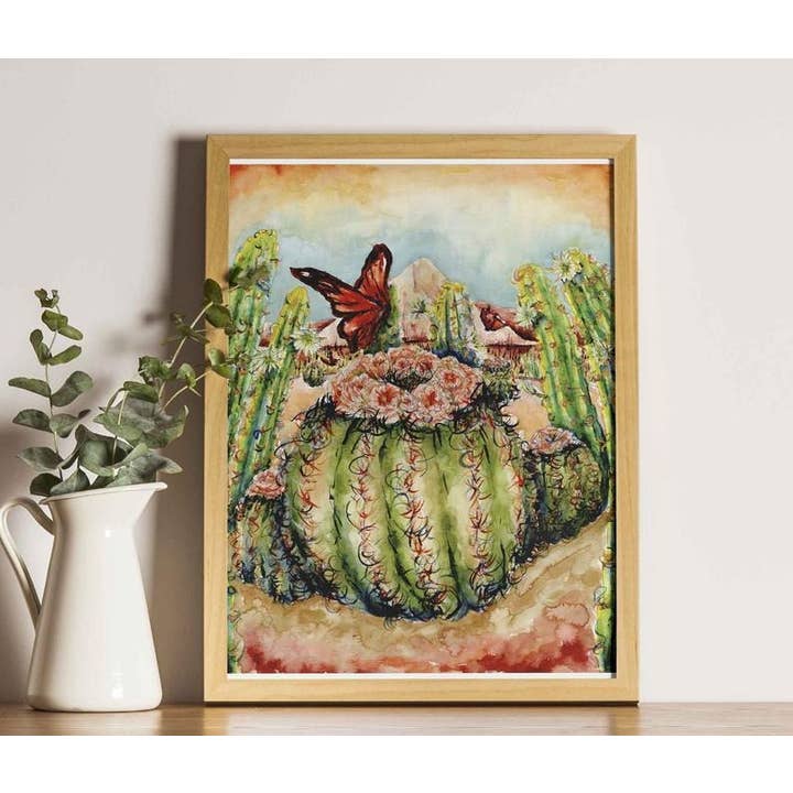 Cactus Floraison et Papillon Scène Désert Imprimé Aquarelle pour la vente par Mary Felker Art and Design