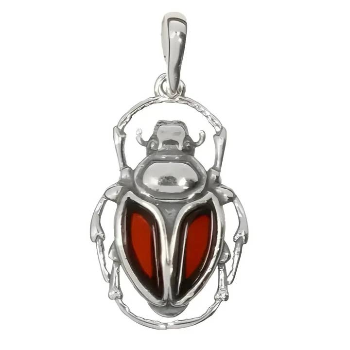 Amberman - Wholesale Individual Charm/Pendant - Scarab Cherry Amber Sterling Silver Pendant