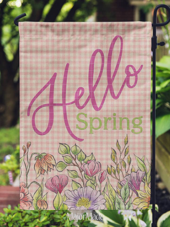 Bandiera da giardino - Hello Spring Floral Plaid per la vendita all'ingrosso da parte di MajorMade Design Co