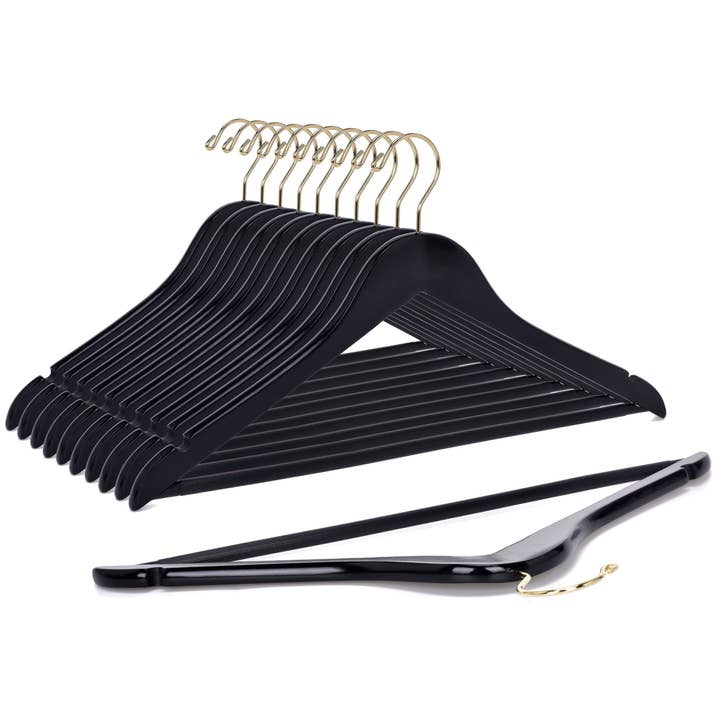 Quality Hangers - Wholesale Clothes Hangers - W070 Semi Curved Wooden Hangers, 17.5" -Black/Gold Hook - 80