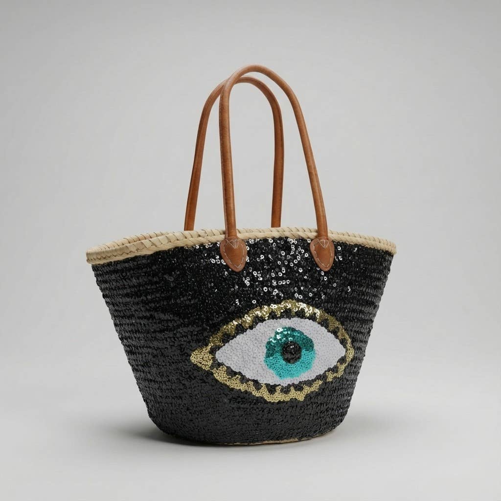 Melecraft - Vente Sac de plage - Sac fourre-tout en paille à sequins œil maléfique - Noir bohème plage1