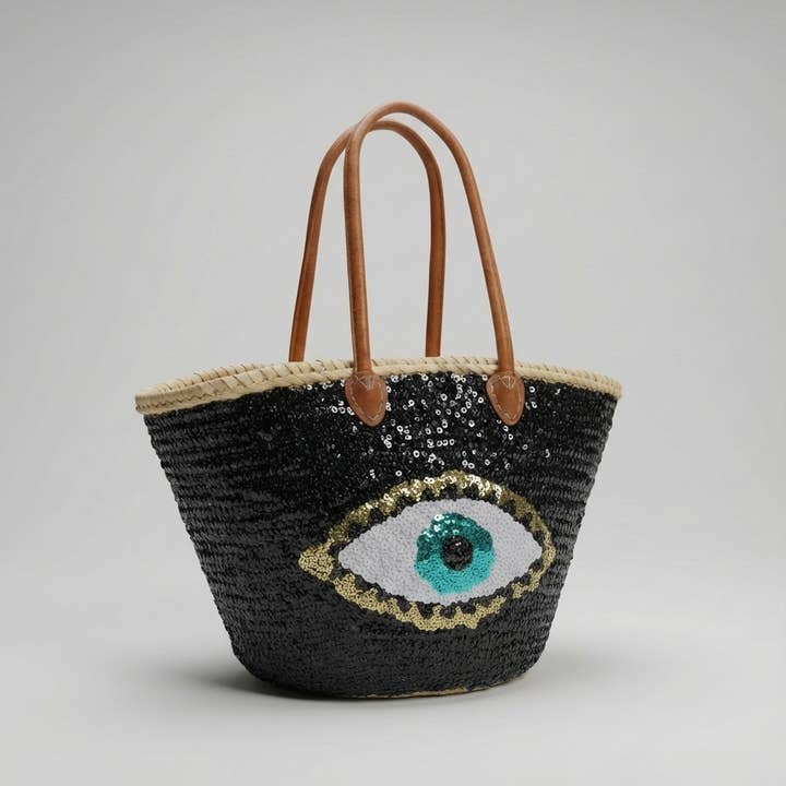 Melecraft - Vente Sac de plage - Sac fourre-tout en paille à sequins œil maléfique - Noir bohème plage1