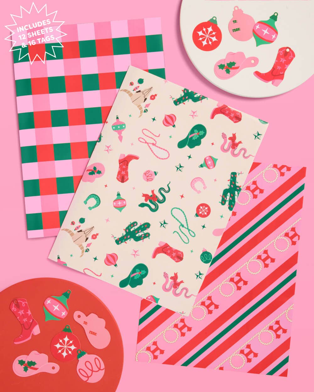 xo, Fetti - Wholesale Flat Wrap - Western Wrapping Paper Set - 12 sheets + 16 tags, Christmas Gifting4