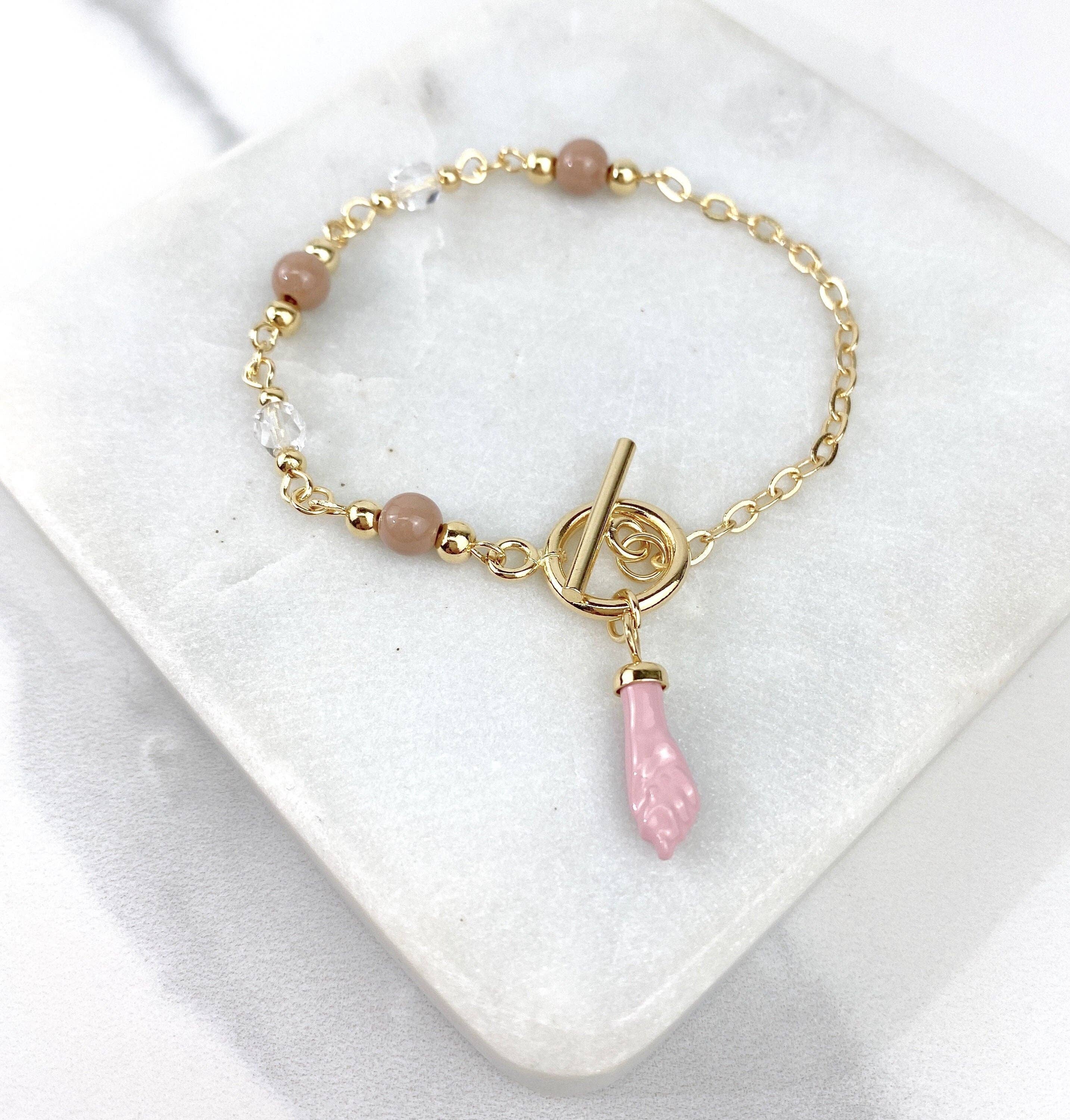 Luxus Accessories - Wholesale Charm/Dangle Bracelet - 18k Gold Filled Beads Pink Hand Charm Bracelets2