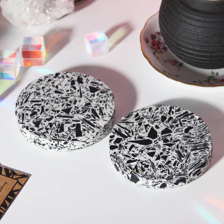 Moonlight White and Black Terrazzo Coaster for wholesale by Hey Kiddo Co.
