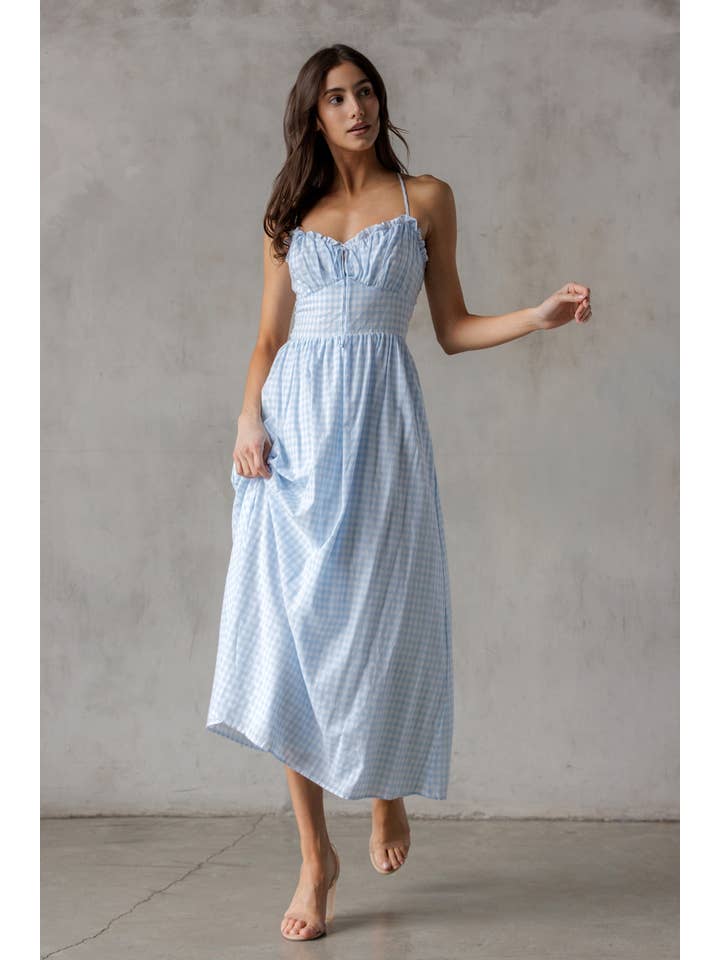 DSJD7605 - BLUE GINGHAM MIDI DRESS for wholesale on Faire