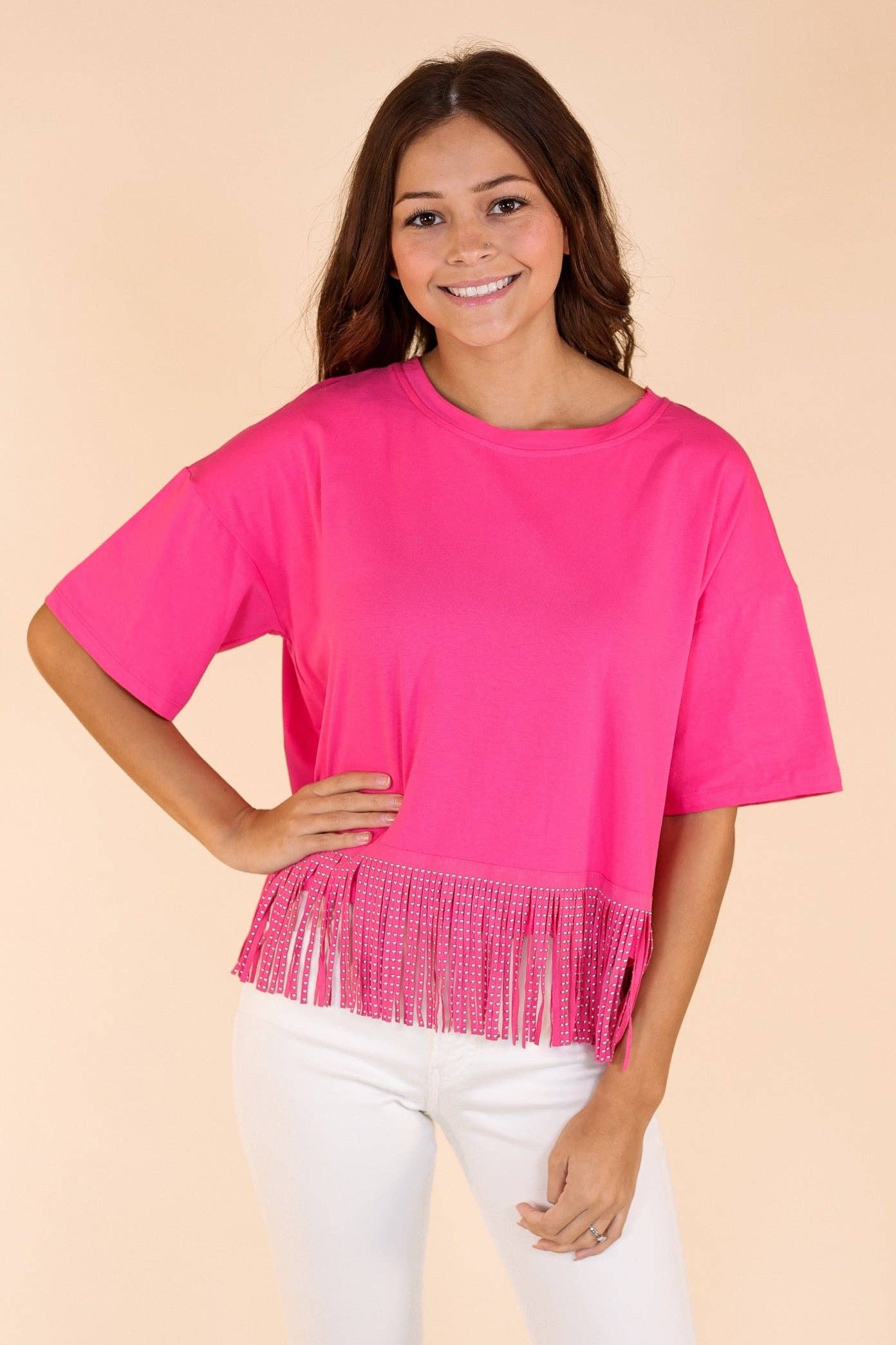 Here for the Show Studded Fringe Crop Top, Hot Pink for wholesale on Faire
