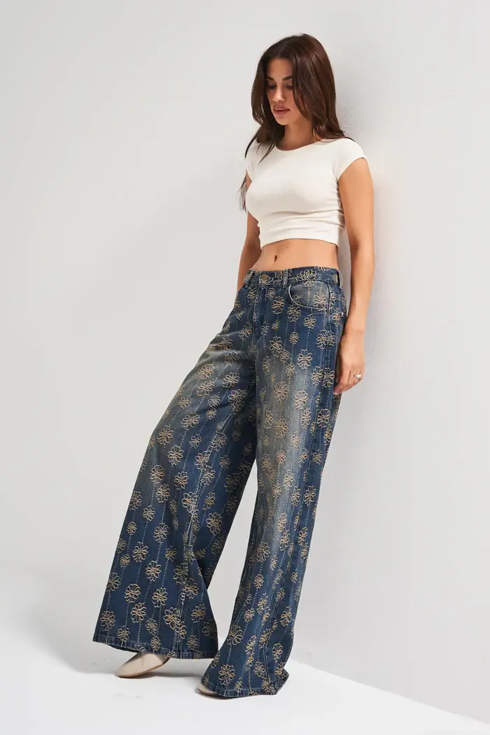 DesignofBoho – Engroshandel Jeans - Dame – Kvinders Stone Wash Palazzo Fit Broderet Design Denim Jeans4