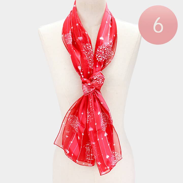 6PCS - Silk Feel Satin Heart Bouquet Pattern Printed Scarf for wholesale by Sensibling Corp.