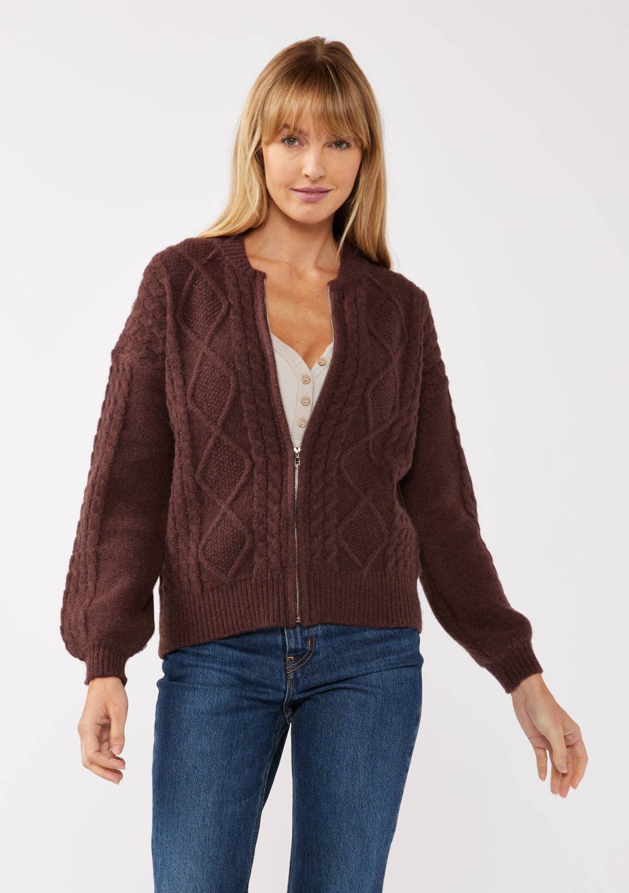 Lovestitch - Wholesale Cardigan - Women's - Long Sleeve Cable Zip-Up Coatigan0