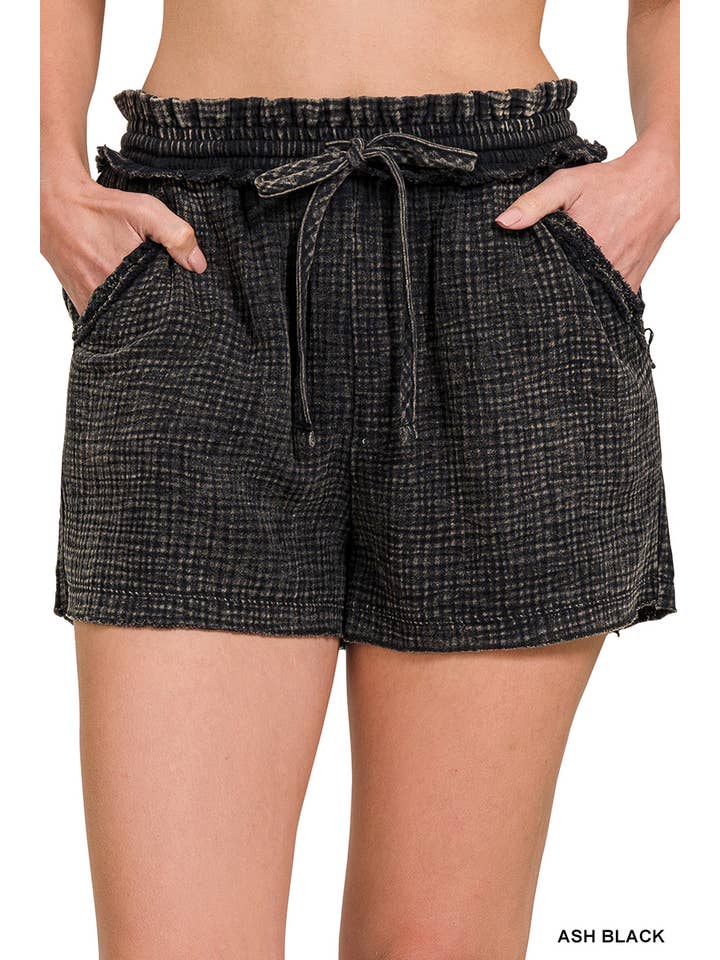 Vanilla Monkey - Wholesale Shorts - Women's - Washed Double Gauze Frayed Hem Drawstring Shorts