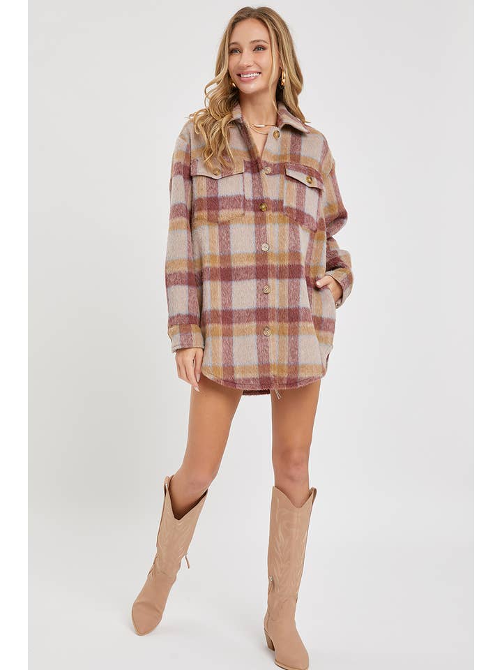 MAUVE BURGUNDY OUTERWEAR CLASSIC PLAID SHACKET/JACKET for wholesale on Faire8