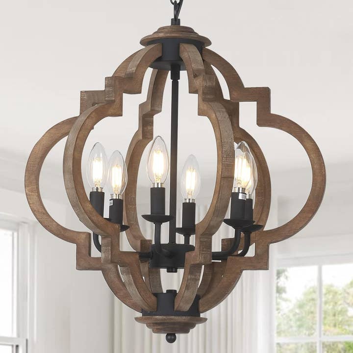 6-Light Farmhouse Chandelier ,Wood/Black, Dining Room for wholesale by 39F Inc.