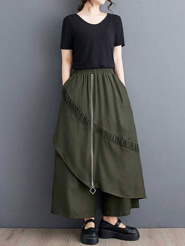 Plush Looks - Wholesale Pants - Women's - High Waisted Loose Elasticity Pleated Pockets Split-Joint Zipper Culotte Pants3