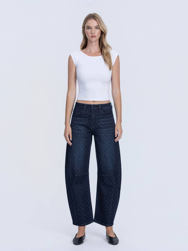 HIGH RISE BLACK DIAMOND RHINESTONE BARREL JEANS LV1974 for wholesale by Lovervet by VERVET