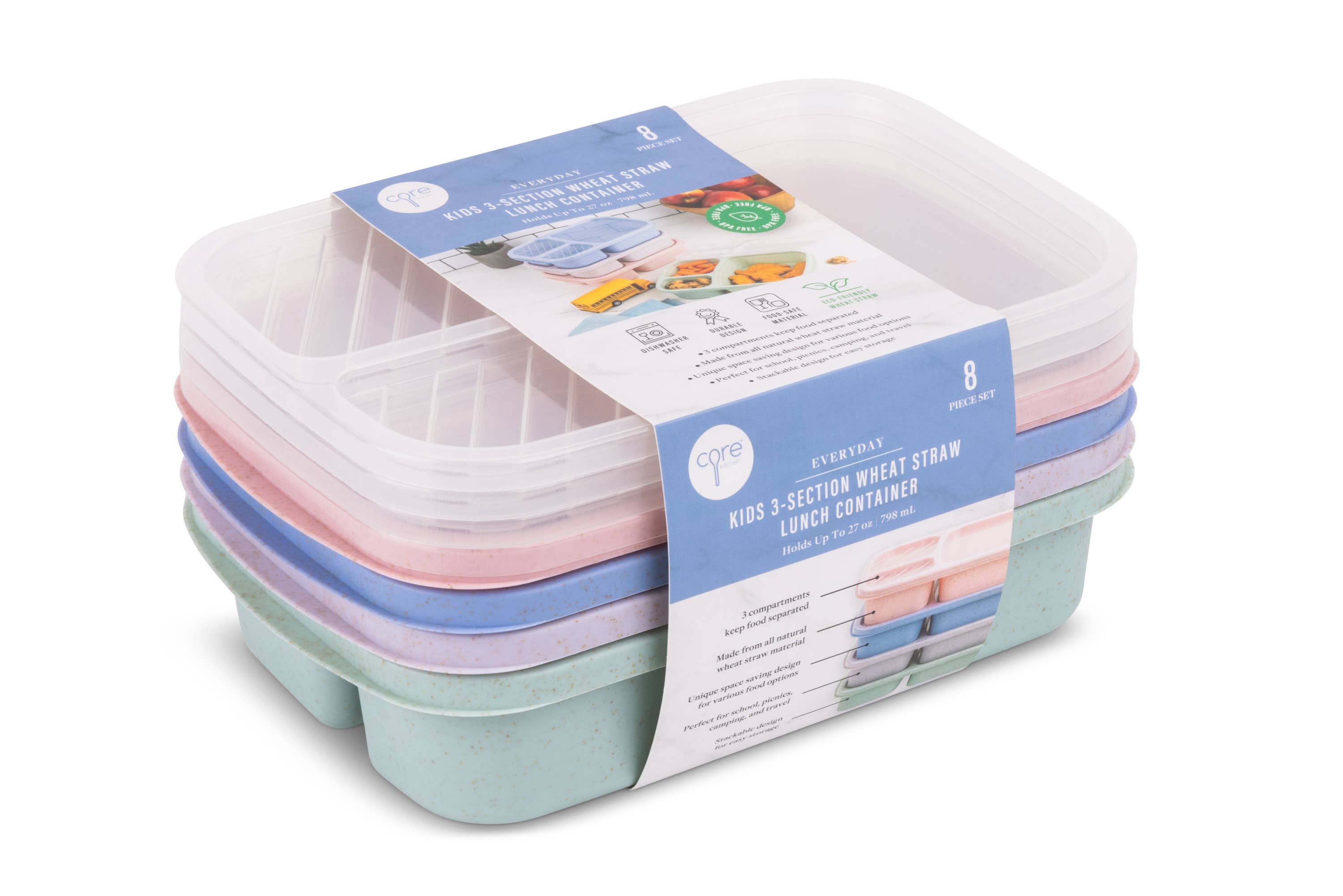 Core Home - Wholesale Food Storage Container - Set of 4 3-Section Kids Meal Prep Containers - Pastel4