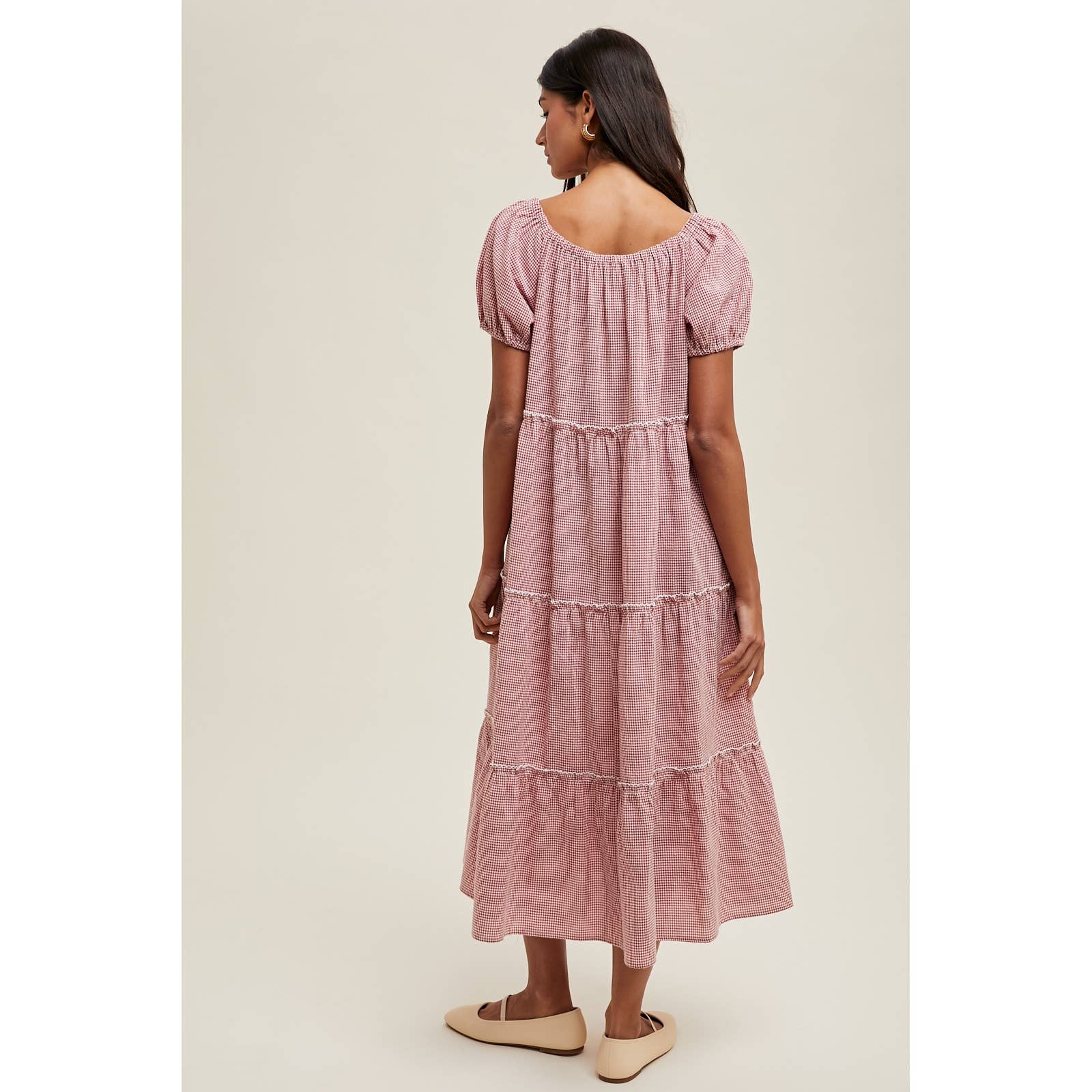 RED WHITE GINGHAM TIERED MIDI DRESS / WL25-10653RL for wholesale on Faire2