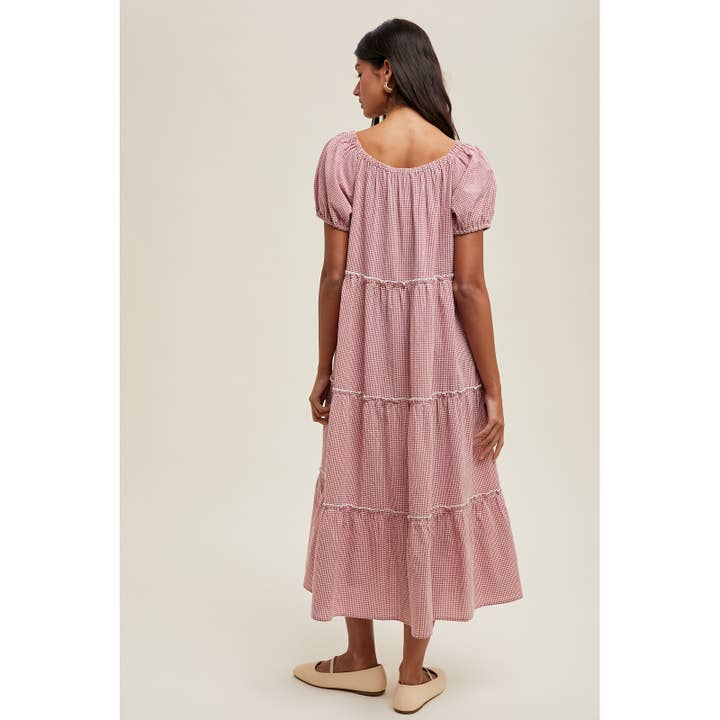 RED WHITE GINGHAM TIERED MIDI DRESS / WL25-10653RL for wholesale on Faire2