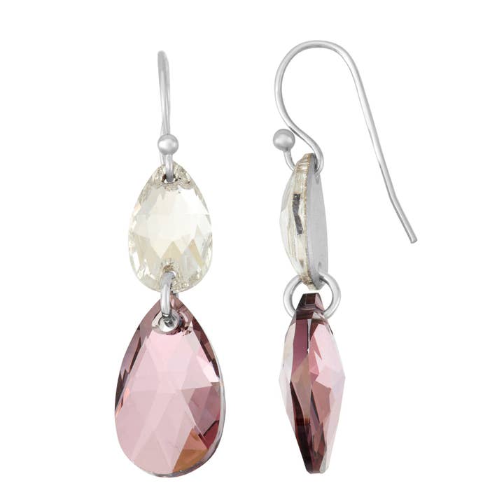 Sterling Silver Teardrop Pink & Clear Crystals Drop Earrings for wholesale by Luxe on Main LLC