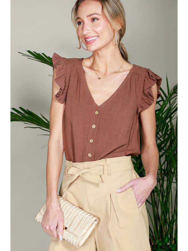 Vine & Love - Wholesale Blouse - Women's - V-Neck Sleeveless Ruffled Cotton Linen Top VT816883