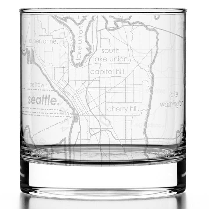 Seattle, WA City Map - Etched Whiskey Rocks Glass for wholesale by Well Told