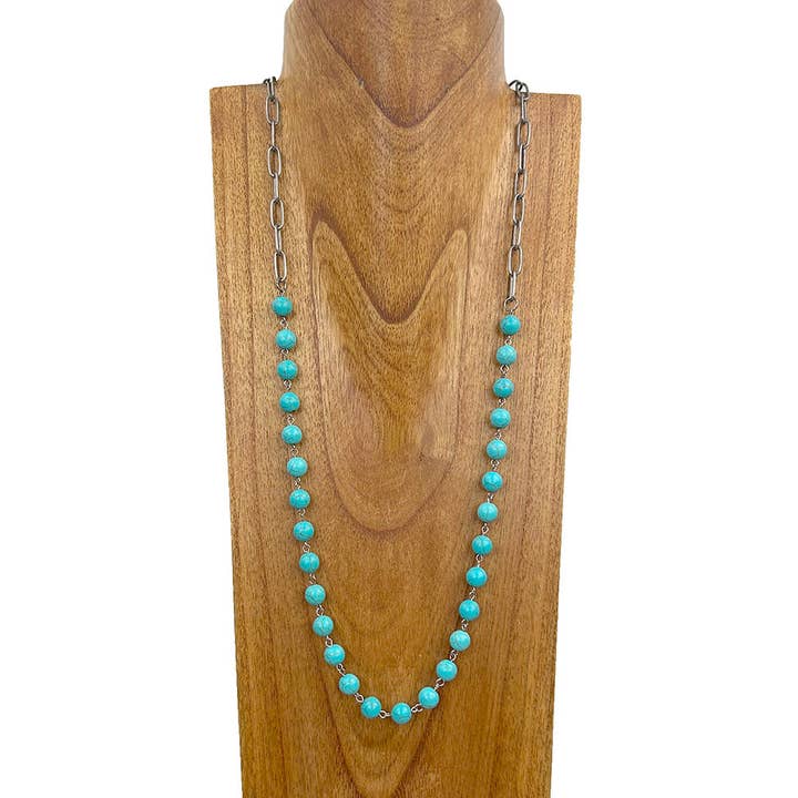 NKY250525-05 38''Silver metal chain with hot pink stone beads Necklace (Copy) for wholesale by Western Elite Jewelry