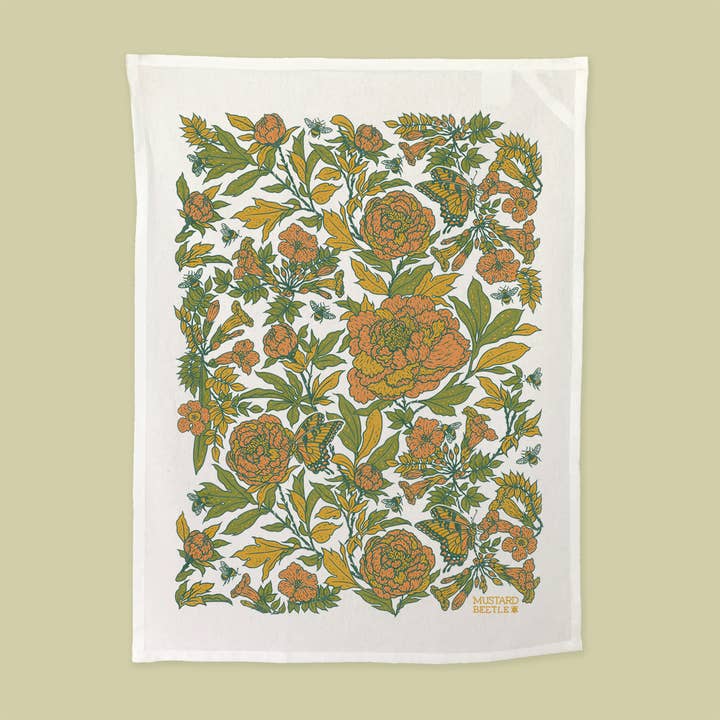 Screenprinted Organic Cotton Tea Towel: Peonies for wholesale by Mustard Beetle