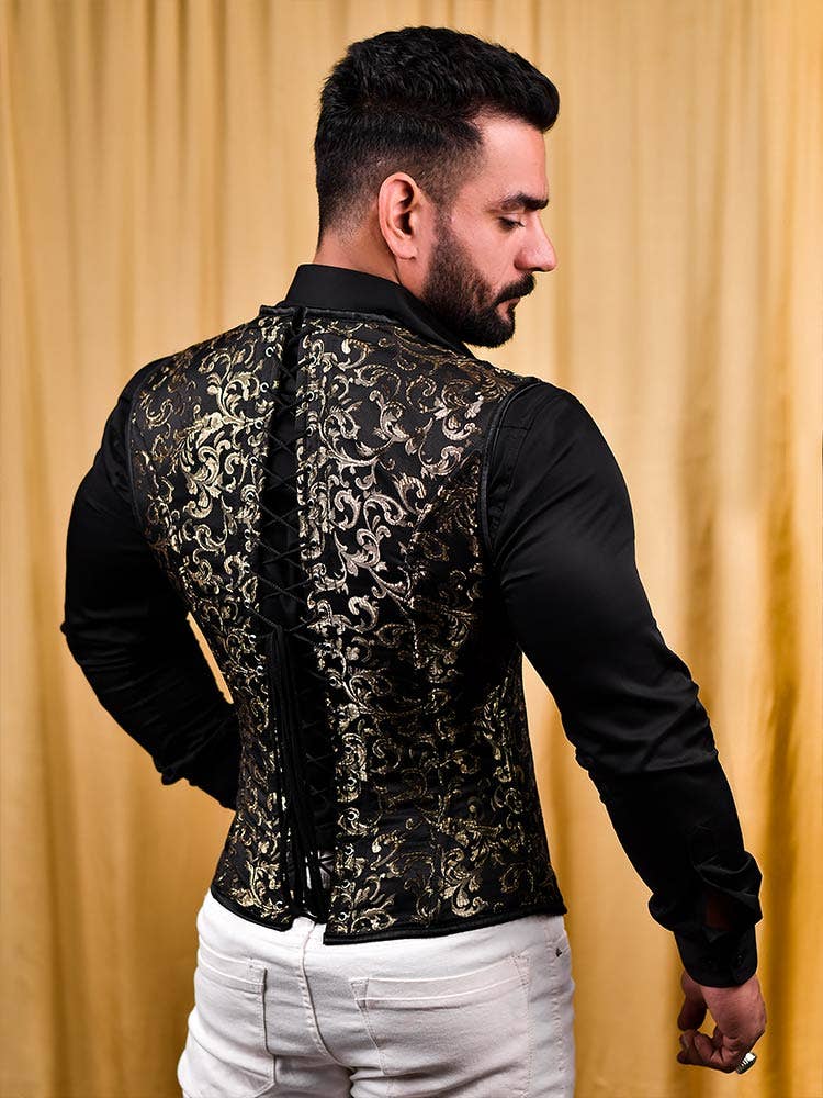 Miss Leather - Vente Gilet de costume – homme - Gilet corset homme en brocart doré - Top corset masculin4