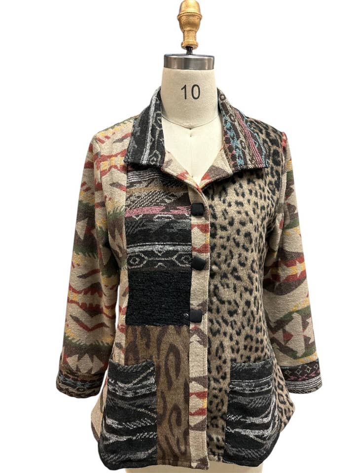 Veste femme multicolore bicolore aztèque et léopard pour la vente par Kamana