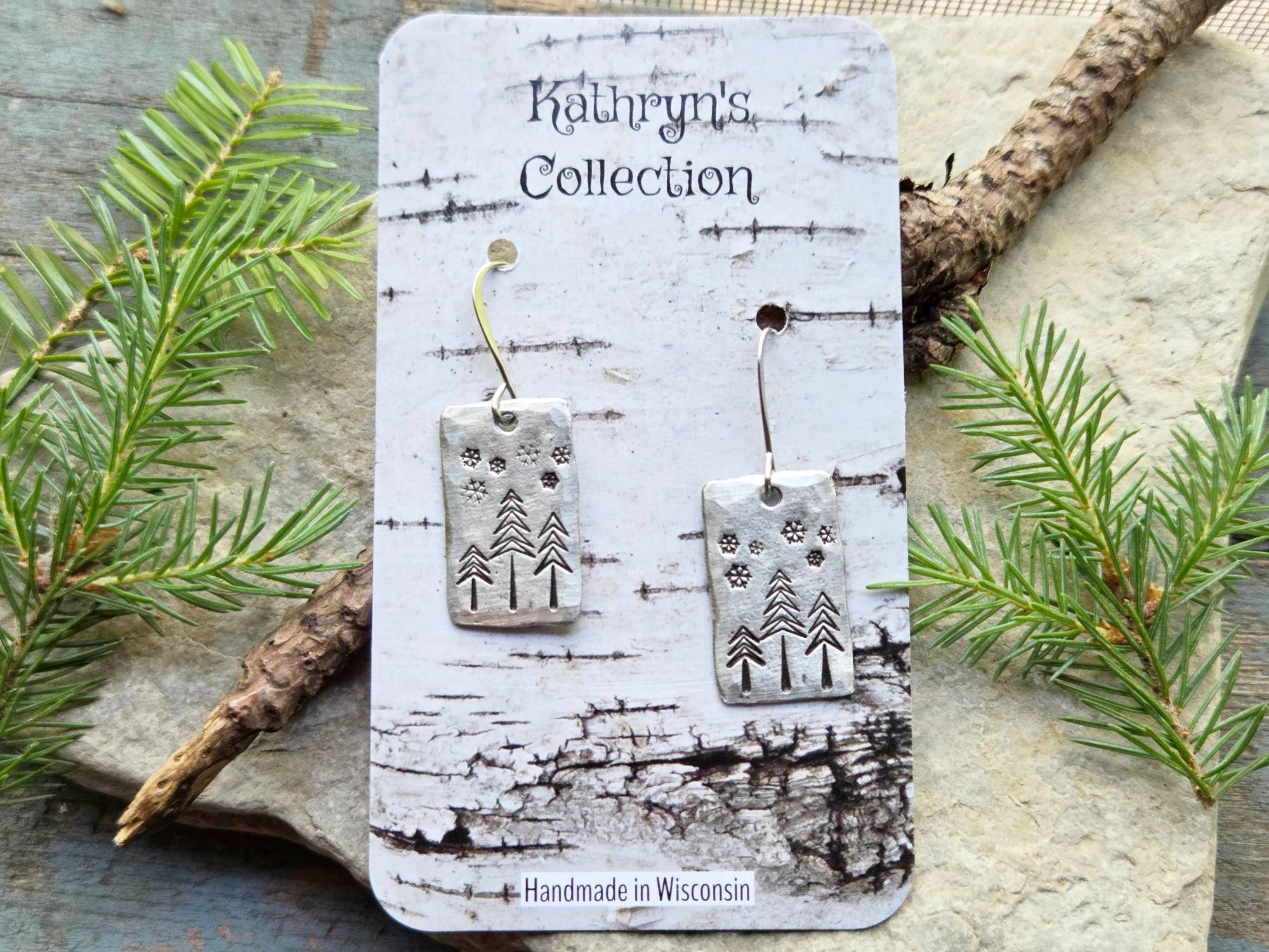 Kathryn's Collection - Wholesale Dangle Earrings - Winter Pine Tree Earrings, Christmas, Hand-Stamped Pewter3