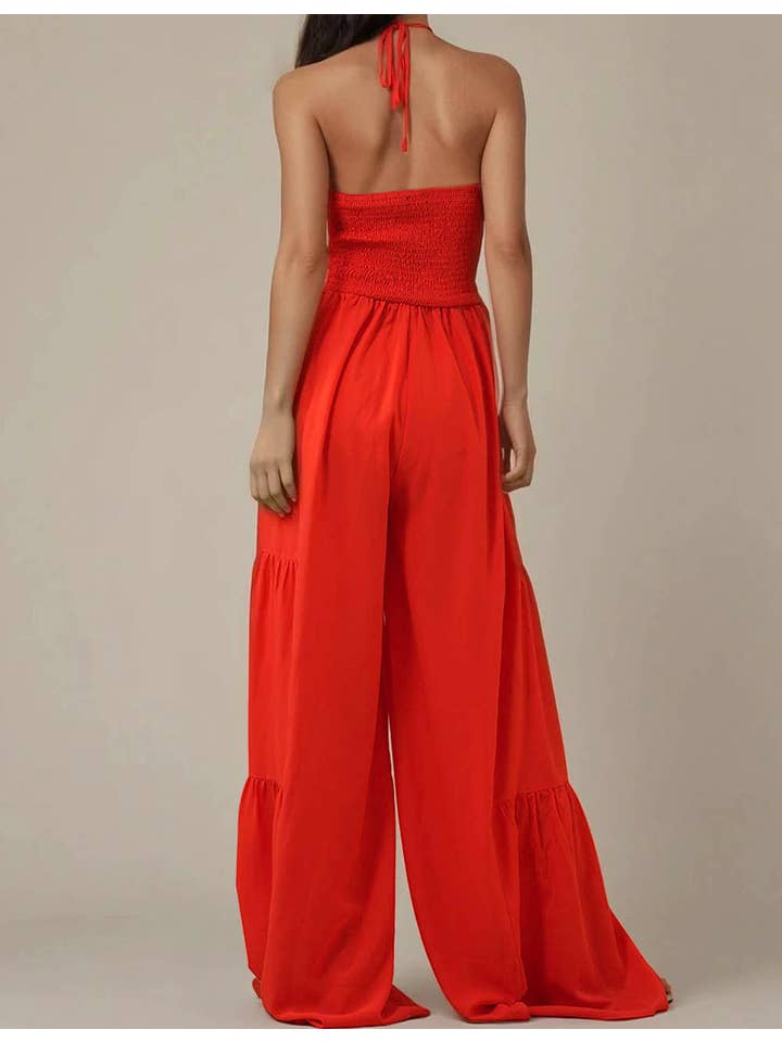 Red Ladies Halter Overall Elastic Waist Wide Leg Jumpsuit SKJ5KC901 for wholesale on Faire