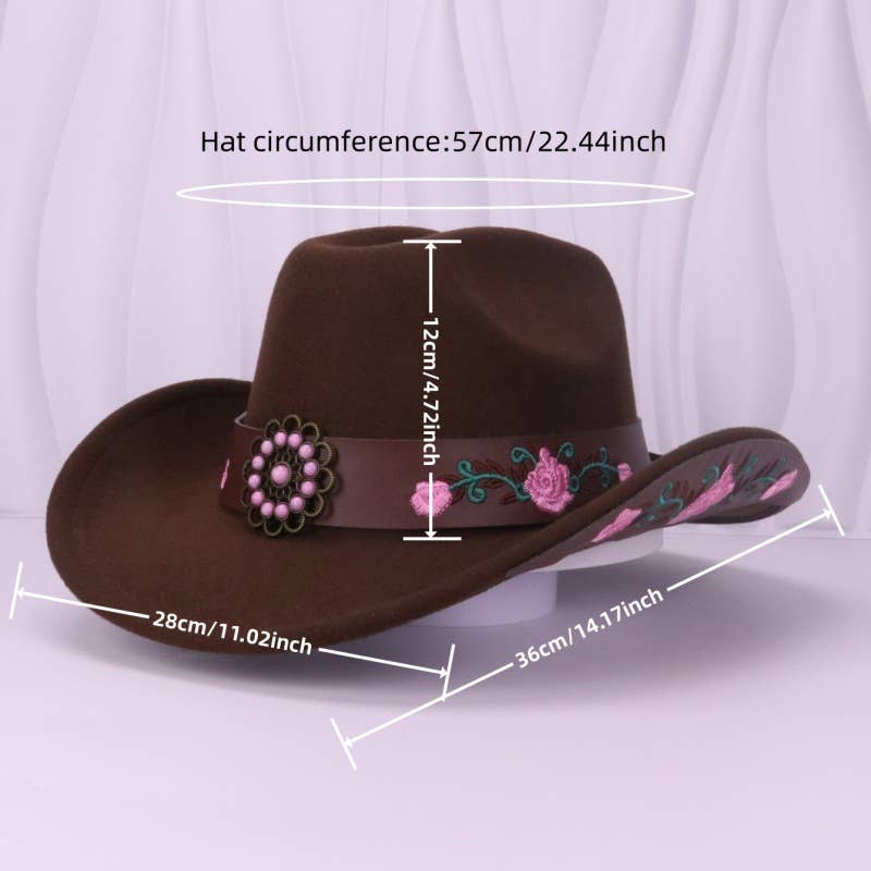 PEACH ACCESSORIES – Chapéu de cowboy - Mulher por atacado – Chapéu de Cowboy com Rosas Bordadas e Detalhe de Concho WA2183