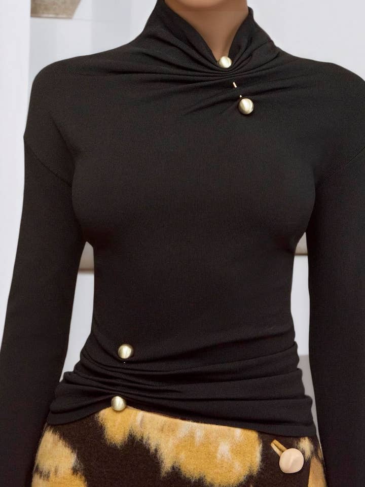 BLACK CWTTT00030_AUTUMNHIGH NECK TOP WITH METAL BUTTON for wholesale on Faire3