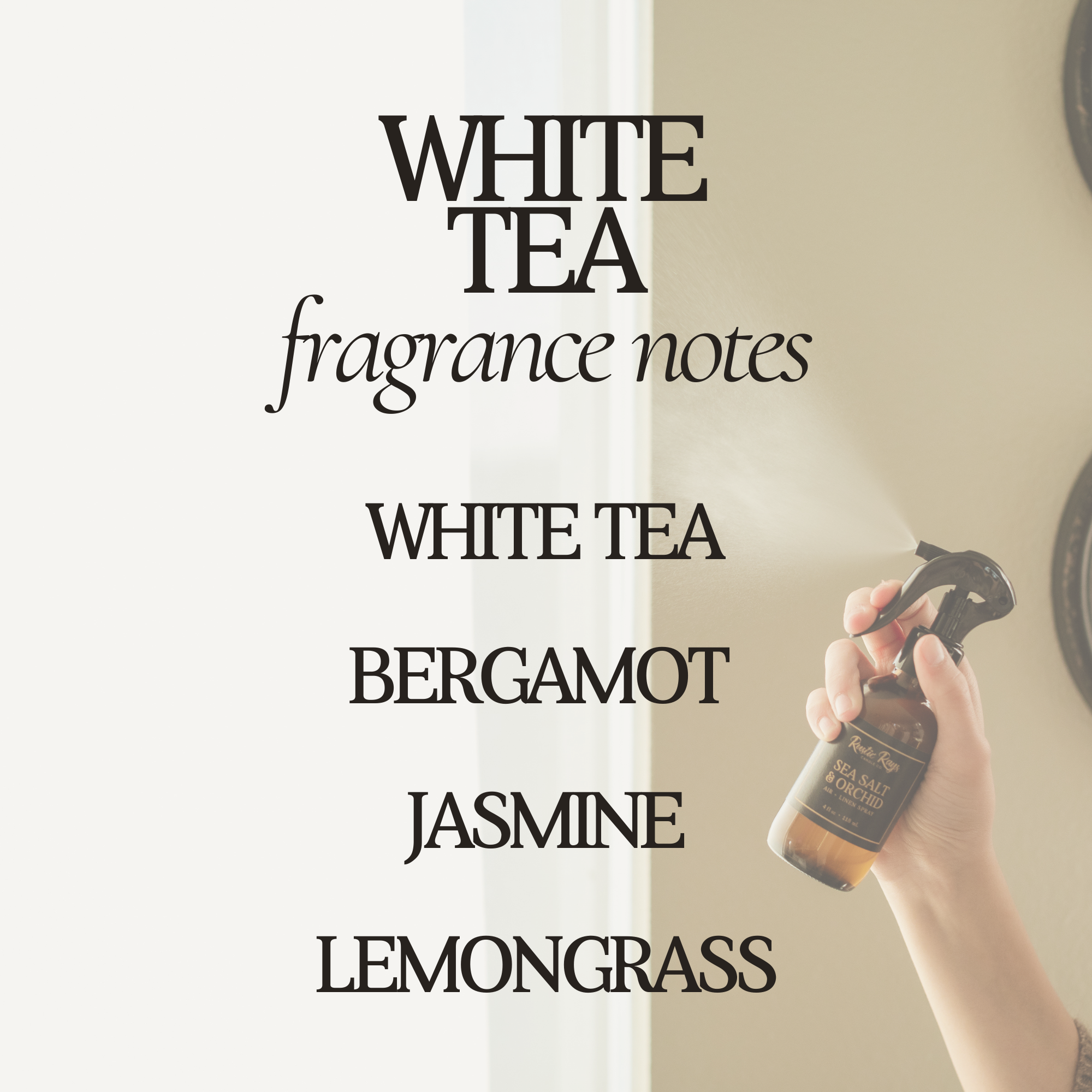 Rustic Rays Candle Co. - Wholesale Room & Linen Spray - White Tea Room Spray - 4 oz Amber Glass Bottle3