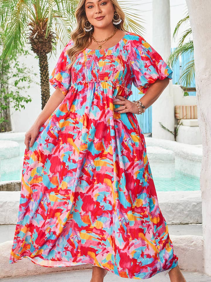 Rose Abstract Printed Puff Sleeve Square Neck Smocked Bust Tied Back Plus Size Dress for wholesale on Faire2
