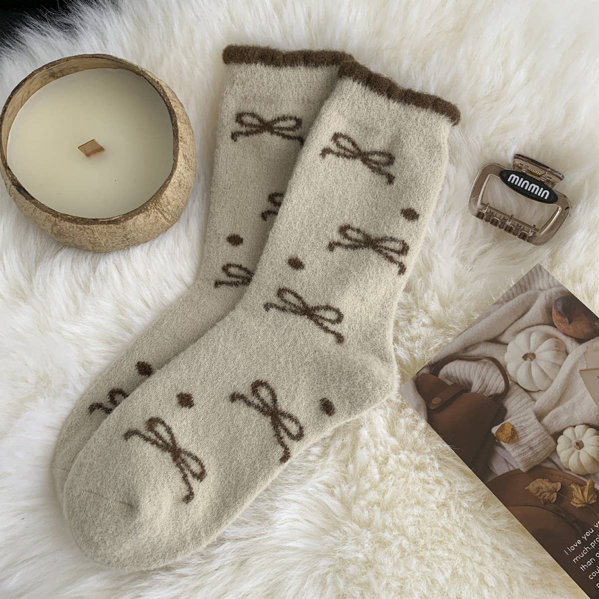 ACCITY - Wholesale Socks - Women's - Bow Polka Dot Socks Women Winter Plush Warm_CWMS028693