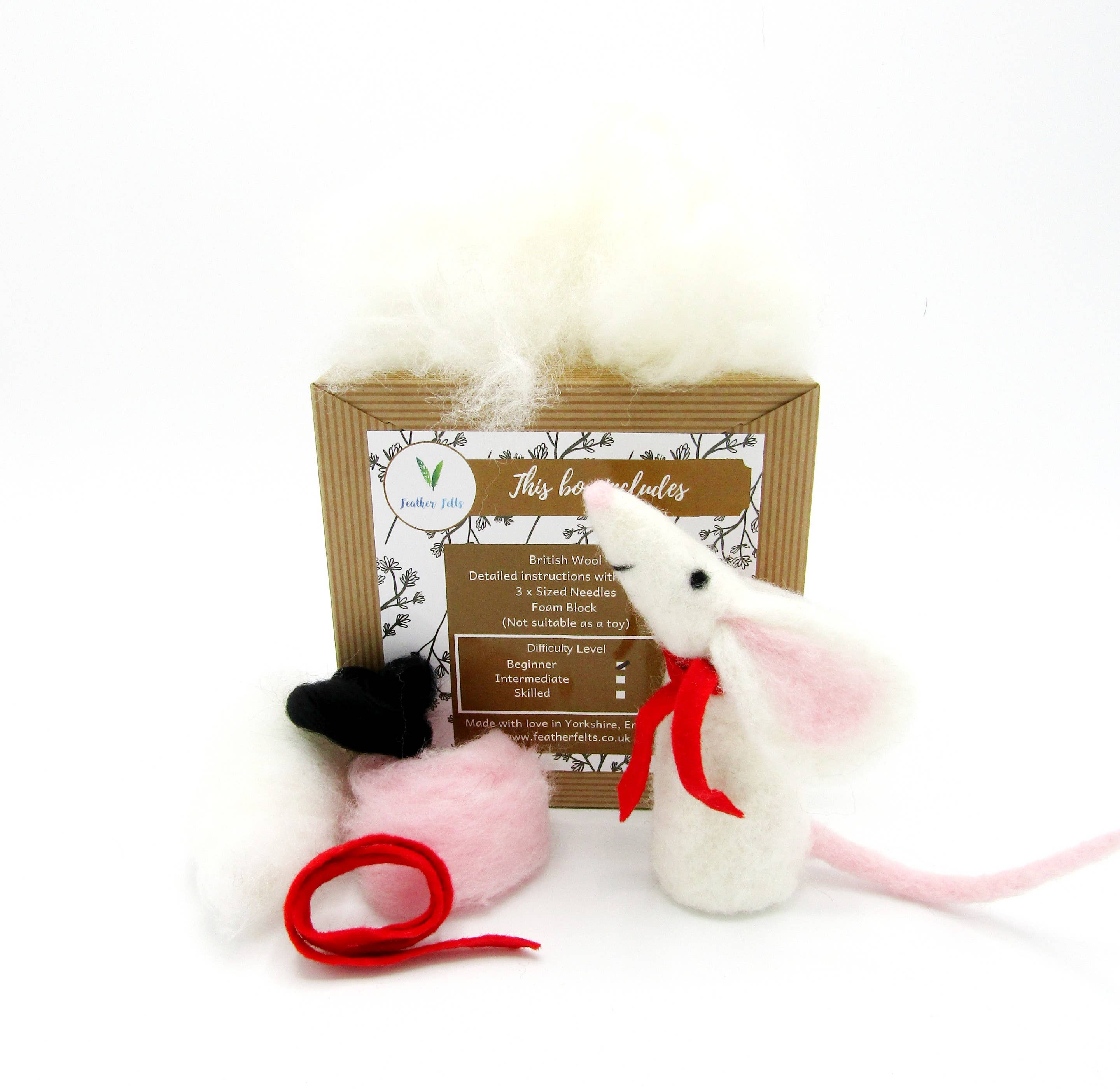 Feather Felts – wholesale Craft sewing kit – White Mouse - Needle Felting Kit1