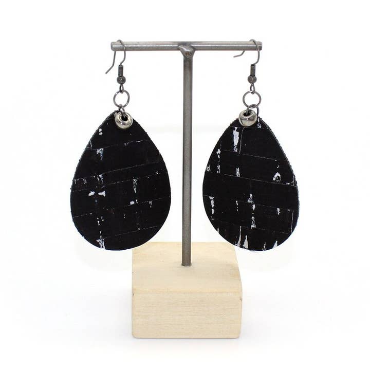 Large Teardrop Earring in Black and Silver Cork for wholesale by Spicer Bags