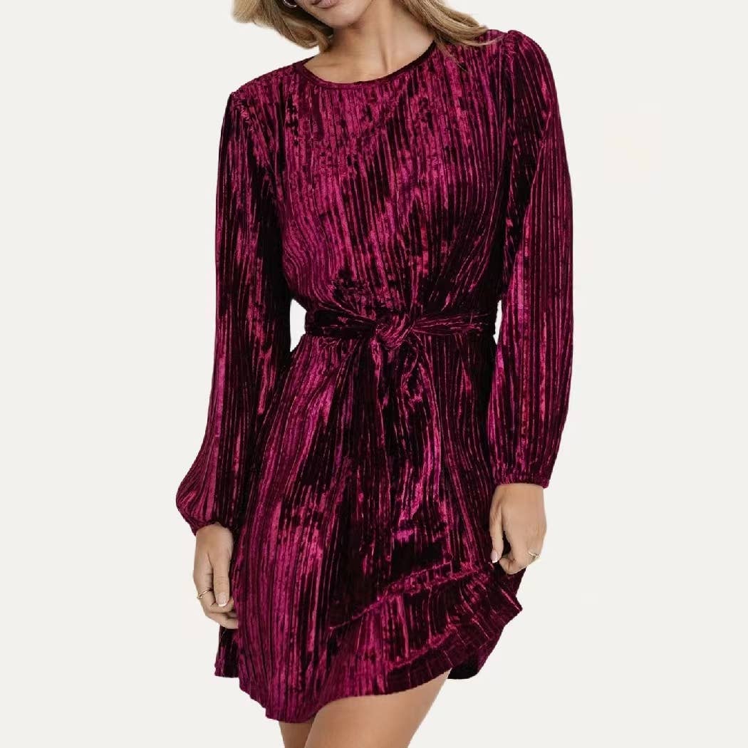 Bourgondië Romantische fluwelen mini-jurk met ronde hals voor groothandel op Faire0