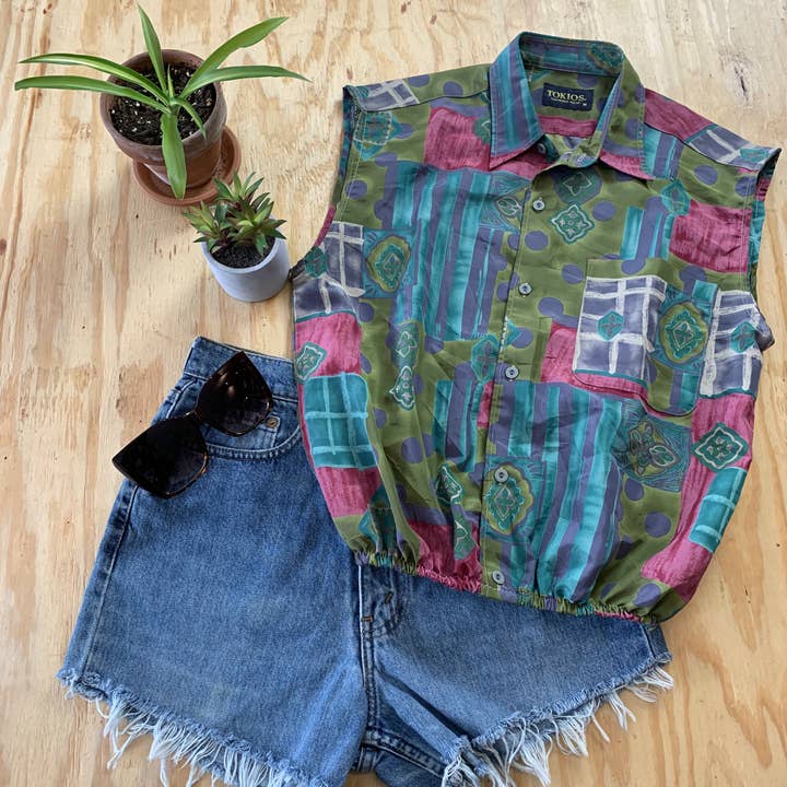 Sun's Out! - Wholesale Button Down Shirt - Women's - Reworked Vintage Sleeveless Button Up Blouse - Cinched