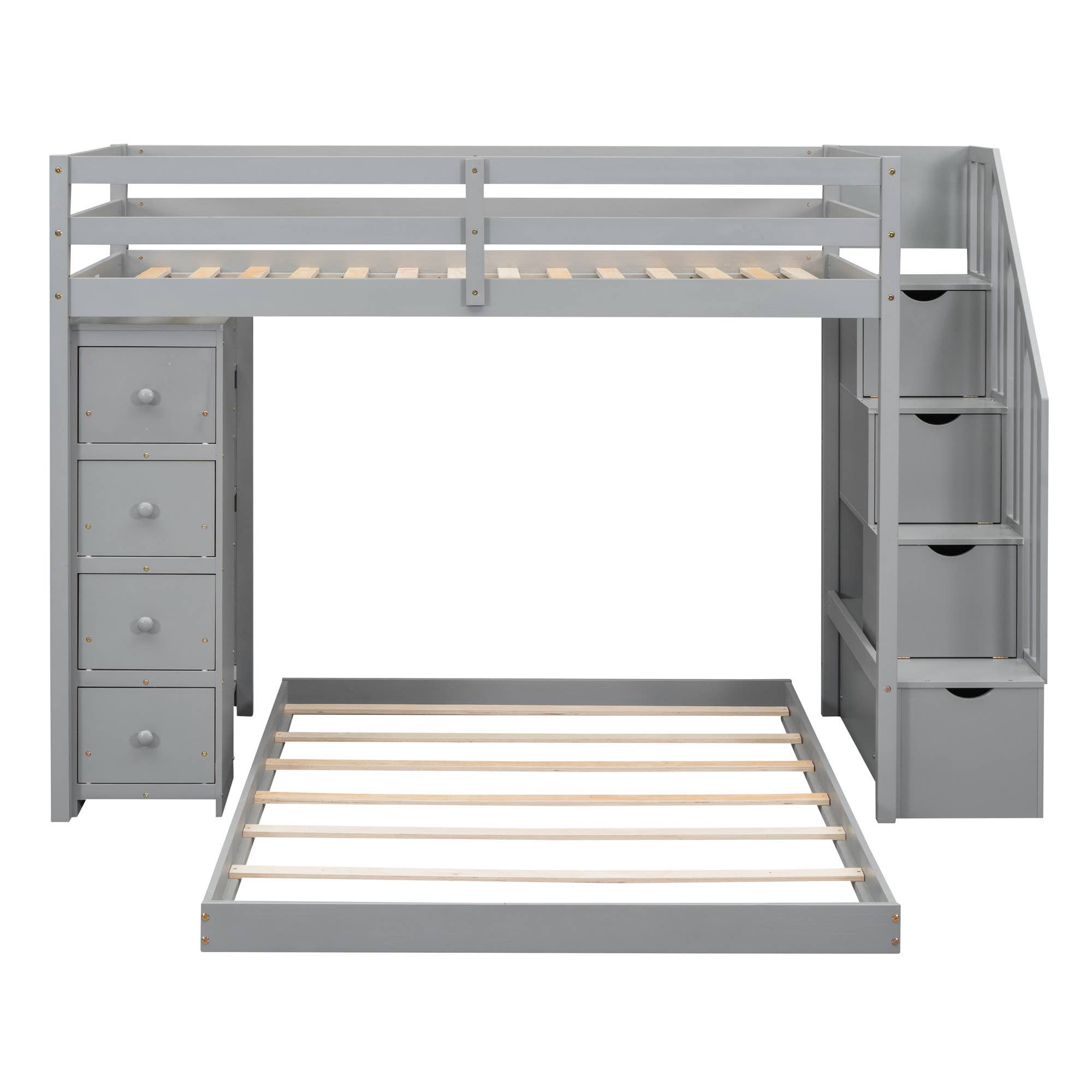 HomeRoots - Wholesale Bed - Gray Twin Over Full Wood Bunk Bed With Stairs And Drawers And Storage3