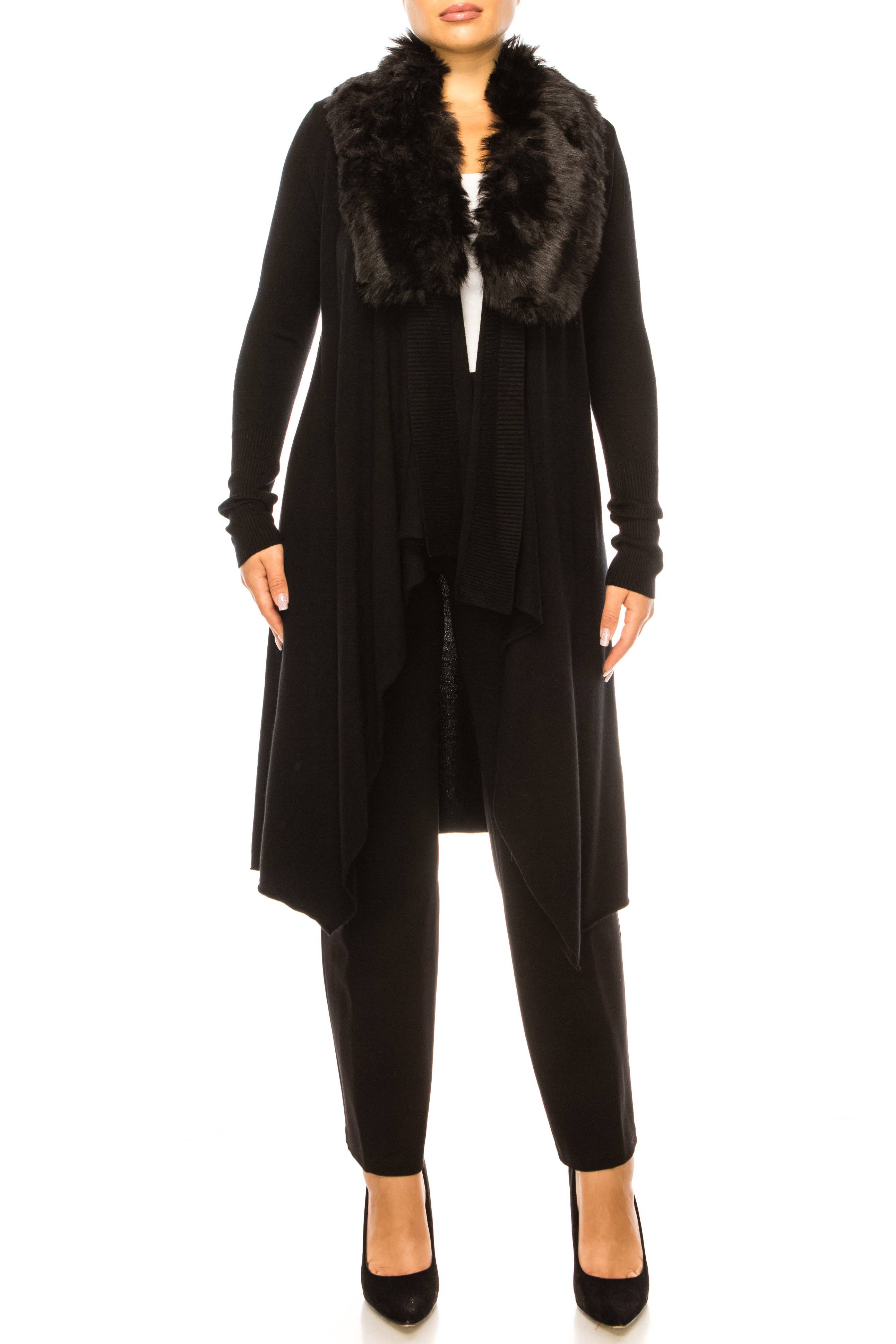 BLACK Sioni Faux-Fur Collar Long-Sleeve Cardigan Sweater for wholesale on Faire0