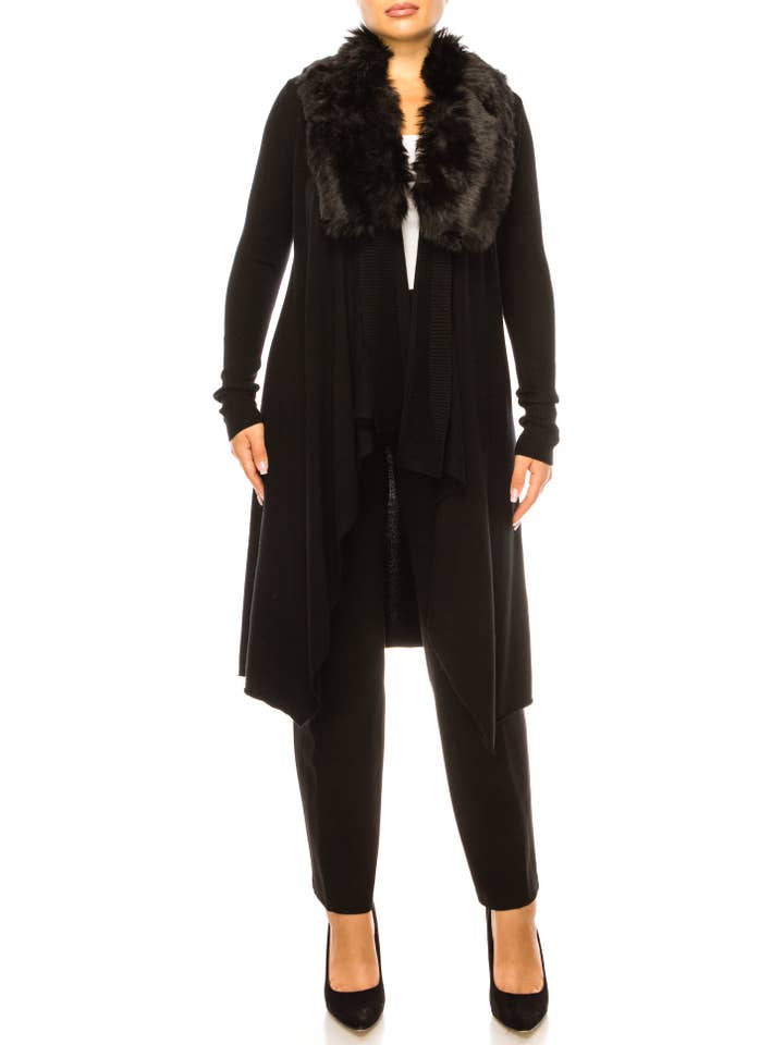 BLACK Sioni Faux-Fur Collar Long-Sleeve Cardigan Sweater for wholesale on Faire