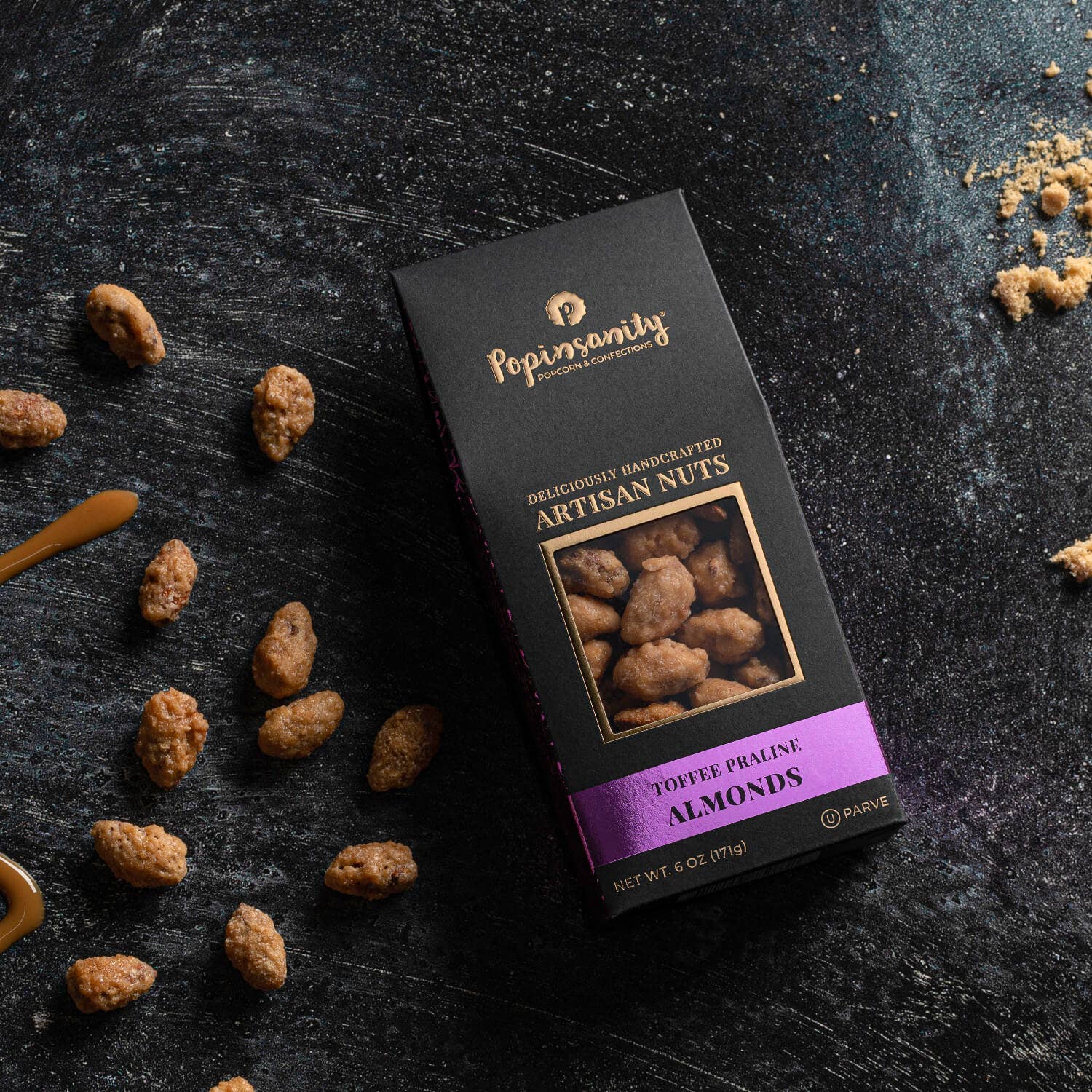 Popinsanity Popcorn & Confections - Venta al por mayor Frutos secos - Almendras con caramelo y praliné, regalo gourmet de frutos secos confitados, caja de 6 onzas1