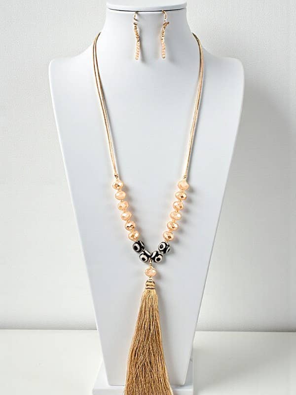 ELONGATED FACETED BEAD TASSEL NECKLACE SET for wholesale by Andrea Bijoux