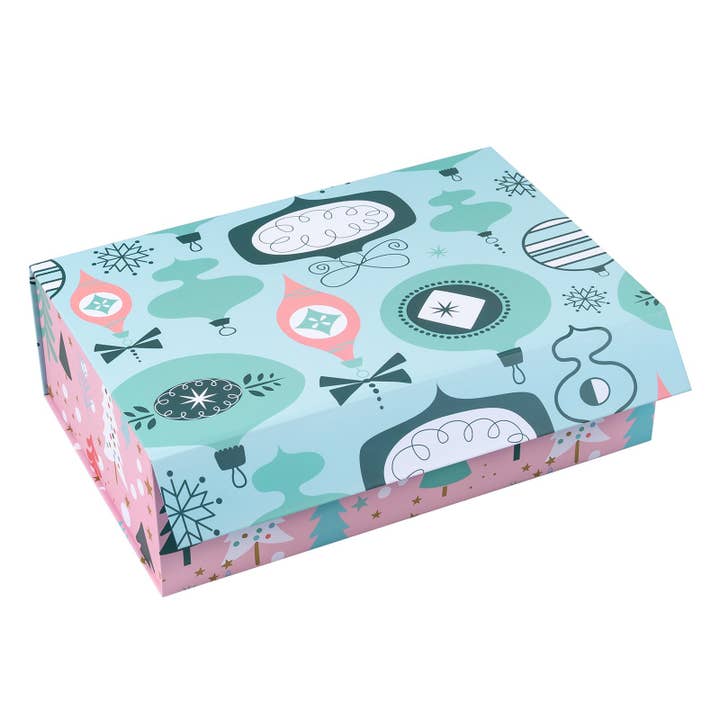 LA Ribbons Wholesale - Wholesale Gift box - 14" x 9" x 4.3" Collapsable Holiday Gift Box w/ 2-pcs White Tissue Paper & Magnetic Square Flap Lid | Pink And Blue Christmas Ornaments
4