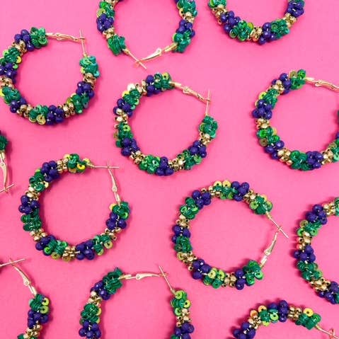 Mardi Gras Earrings - Sequin Hoops for wholesale by Golden Lily